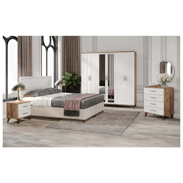Guneystore Ücretsiz Montaj - 100% Mdf Paris 6 Kapaklı Atlantik Çam-Beyaz Yatak Odası Takımı (Bazalı) - Mdf Dolap - Elbise Dolabı - Atlantik Çam - Beyaz - Görsel 5