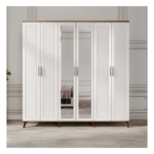 Guneystore Ücretsiz Montaj - 100% Mdf Paris 6 Kapaklı Atlantik Çam-Beyaz Yatak Odası Takımı (Bazalı) - Mdf Dolap - Elbise Dolabı - Atlantik Çam - Beyaz - Görsel 2