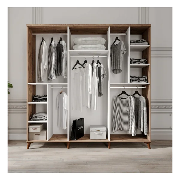 Guneystore Ücretsiz Montaj - 100% Mdf Paris 6 Kapaklı Atlantik Çam-Beyaz Yatak Odası Takımı (Bazalı) - Mdf Dolap - Elbise Dolabı - Atlantik Çam - Beyaz - Görsel 4