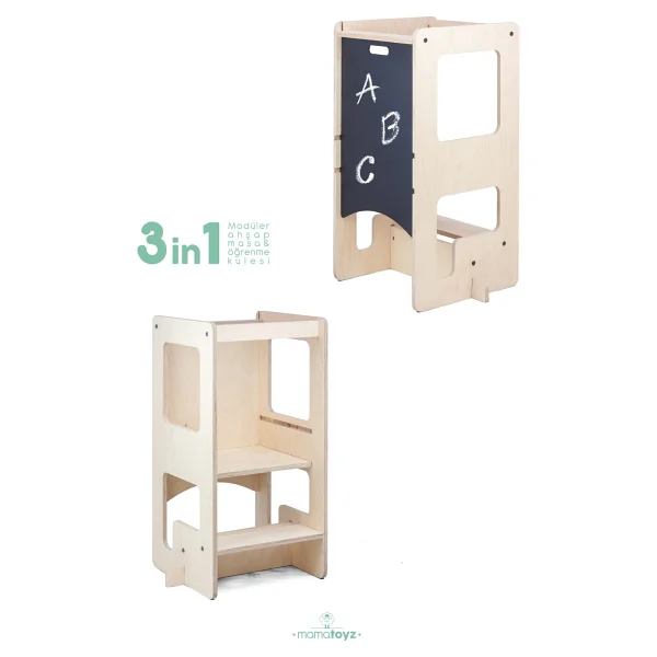 Mamatoyz Öğrenme Kulesi Flip Natural 3'ü 1 Arada & Aktivite Masası & Yazı Tahtası - Doğal Ahşap Cilalı Banyo Ve Mutfak Yükselticisi - Naturel Ahşap - Görsel 3