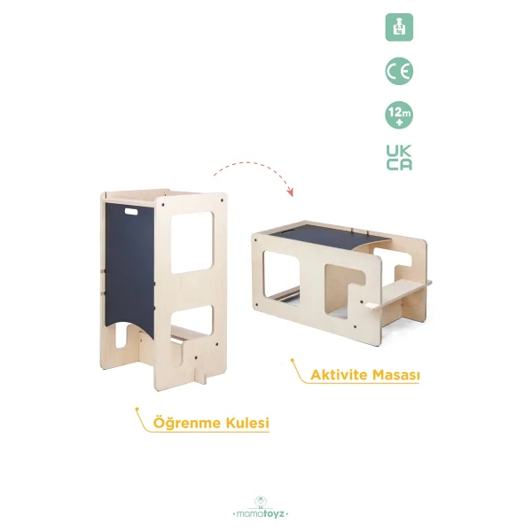 Mamatoyz Öğrenme Kulesi Flip Natural 3'ü 1 Arada & Aktivite Masası & Yazı Tahtası - Doğal Ahşap Cilalı Banyo Ve Mutfak Yükselticisi - Naturel Ahşap - Görsel 4