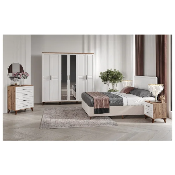 Guneystore Ücretsiz Montaj -%100 Mdf Sport 6 Kapaklı Atlantik Çam-Beyaz Yatak Odası Takımı (Bazalı) - Atlantik Çam - Beyaz - Görsel 5