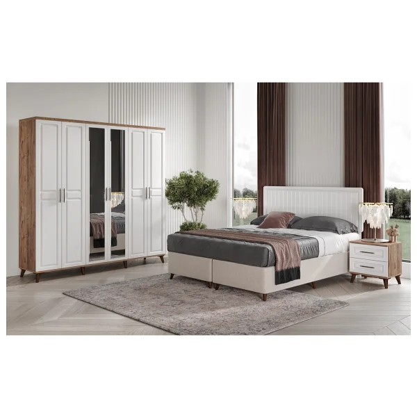 Guneystore Ücretsiz Montaj -%100 Mdf Sport 6 Kapaklı Atlantik Çam-Beyaz Yatak Odası Takımı (Bazalı) - Atlantik Çam - Beyaz - Görsel 2
