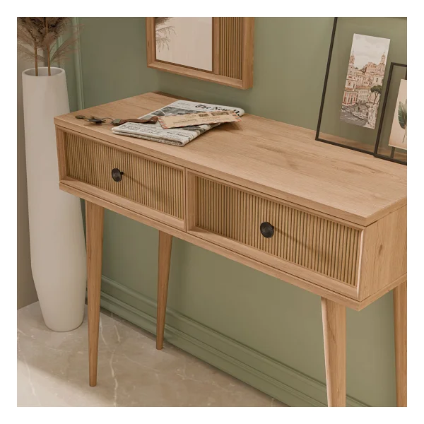 Mezza 6024 Luna (Ahşap Ayakli) Mdf Profil Çerçeveli 2 Çekmeceli Aynali Dresuar Sepet-Yunus Meşe - Görsel 3