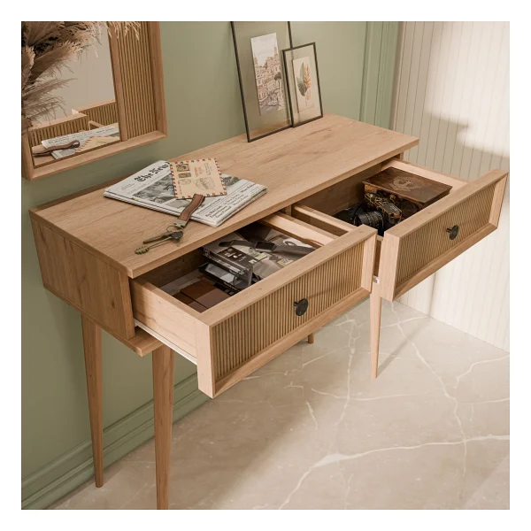Mezza 6024 Luna (Ahşap Ayakli) Mdf Profil Çerçeveli 2 Çekmeceli Aynali Dresuar Sepet-Yunus Meşe - Görsel 4