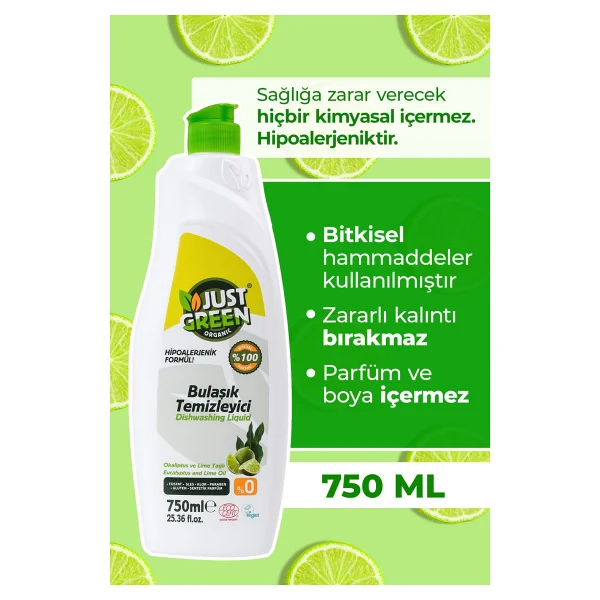 Just Green Organic Bitkisel Okaliptüs Ve Lime Yağlı Sıvı Bulaşık Deterjanı 750 Ml - Görsel 10