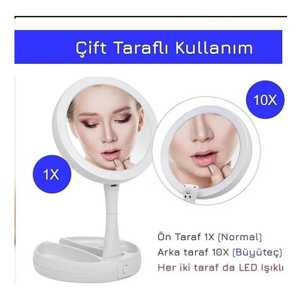 Monozone 10x Katlanabilir Makyaj Aynası - Çift Taraflı - USB Vanity LED Işıklı - Büyüteçli Ayna - Görsel 4