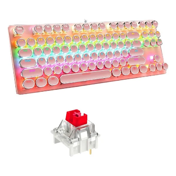 Coverzone Leaven K550 Kablolu Pembe Klavye Daktilo Tarzı Su Geçirmez LED RGB Gökkuşağı Renler Mekanik Oyuncu Işıklı Klavye Ergonomik Tasarım Rahat Kullanım 150cm Kablo Uzunluğu Bilgisayar PC Için (Pem - Görsel 6