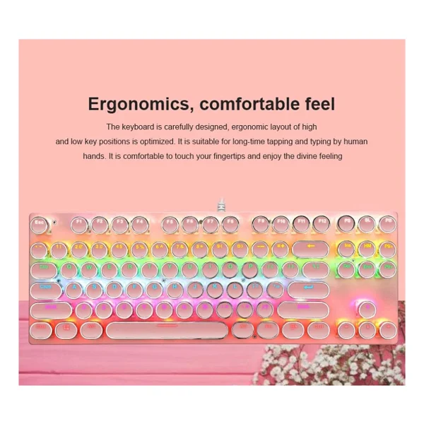 Coverzone Leaven K550 Kablolu Pembe Klavye Daktilo Tarzı Su Geçirmez LED RGB Gökkuşağı Renler Mekanik Oyuncu Işıklı Klavye Ergonomik Tasarım Rahat Kullanım 150cm Kablo Uzunluğu Bilgisayar PC Için (Pem - Görsel 3