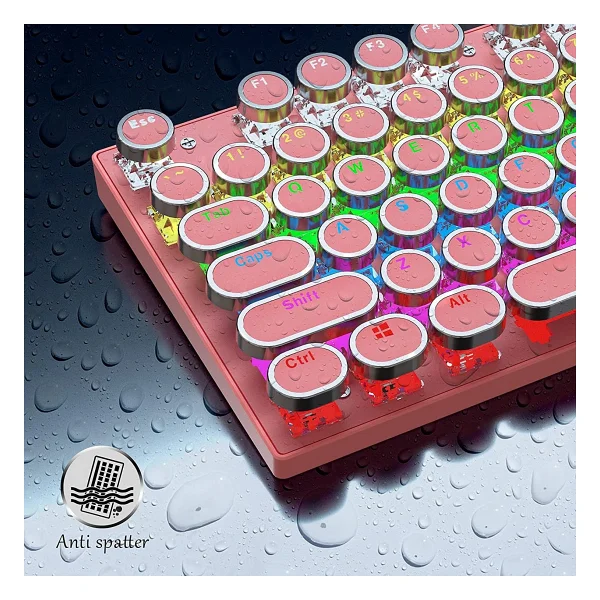 Coverzone Leaven K550 Kablolu Pembe Klavye Daktilo Tarzı Su Geçirmez LED RGB Gökkuşağı Renler Mekanik Oyuncu Işıklı Klavye Ergonomik Tasarım Rahat Kullanım 150cm Kablo Uzunluğu Bilgisayar PC Için (Pem - Görsel 4