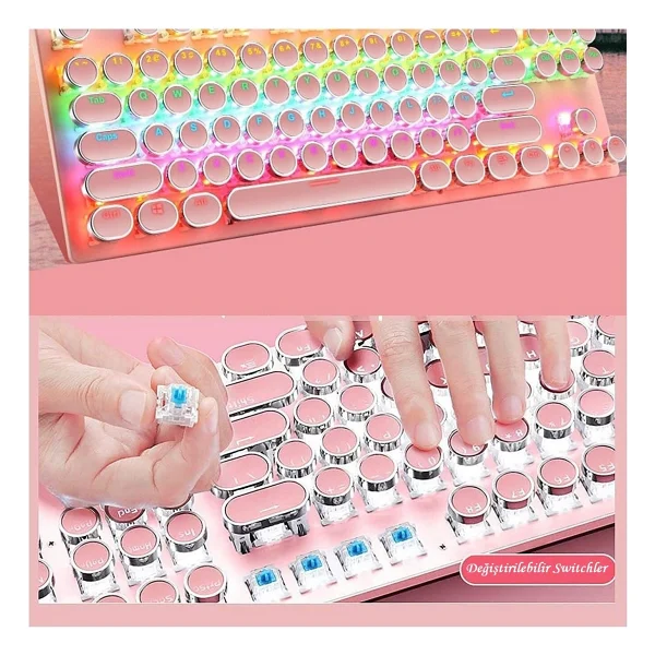 Coverzone Leaven K550 Kablolu Pembe Klavye Daktilo Tarzı Su Geçirmez LED RGB Gökkuşağı Renler Mekanik Oyuncu Işıklı Klavye Ergonomik Tasarım Rahat Kullanım 150cm Kablo Uzunluğu Bilgisayar PC Için (Pem - Görsel 5