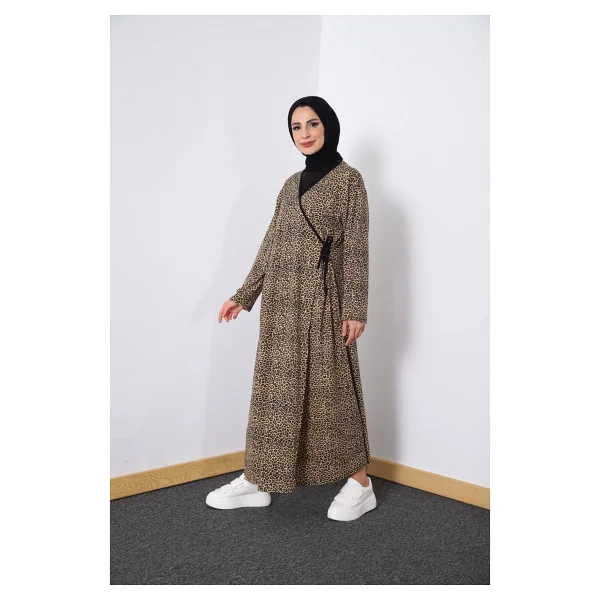 Defka Yandan Bağlamalı Pamuklu Kadın Namaz Elbisesi - Açık Leopar - 2xl - Görsel 6