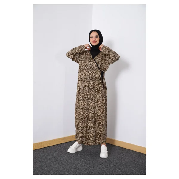 Defka Yandan Bağlamalı Pamuklu Kadın Namaz Elbisesi - Açık Leopar - 2xl - Görsel 2
