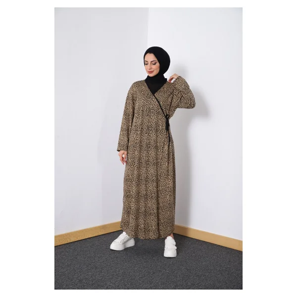 Defka Yandan Bağlamalı Pamuklu Kadın Namaz Elbisesi - Açık Leopar - 2xl - Görsel 4