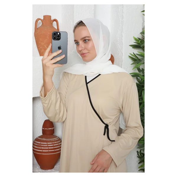 Defka Yandan Bağlamalı Pamuklu Kadın Namaz Elbisesi - 001-Krem - 3xl - Görsel 2
