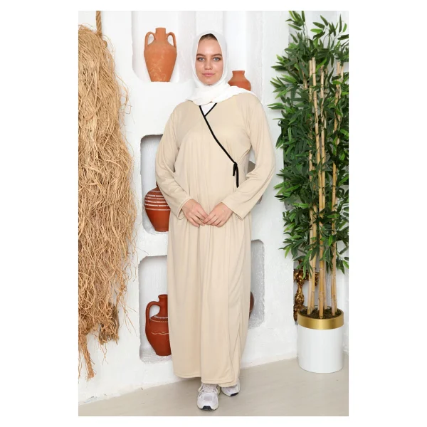 Defka Yandan Bağlamalı Pamuklu Kadın Namaz Elbisesi - 001-Krem - 3xl - Görsel 4