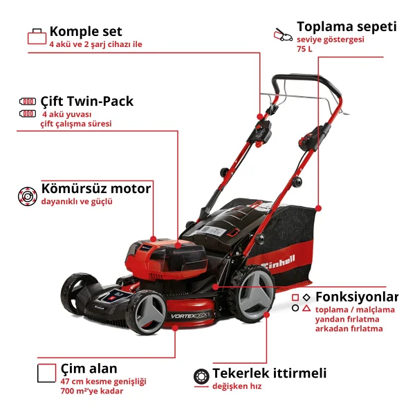 Einhell Gp-Cm 36/47 S Li Bl Dört Akülü 4 Ah Çim Biçme Makinesi - Görsel 3