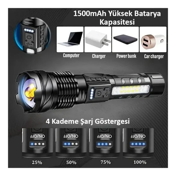 Valkyrie Şarjlı Ultra Güçlü LED El Feneri 7 Modlu 1500mah Çok Fonksiyonlu Zoom Özellikli - Görsel 5