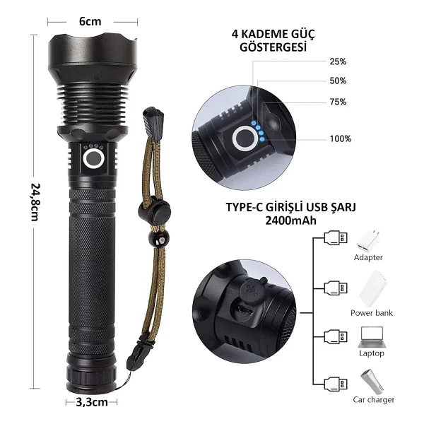 Valkyrie Şarjlı LED Ultra Güçlü El Feneri 2400mah Zoom Darbeye Suya Dayanıklı 1. Kalite - Görsel 5