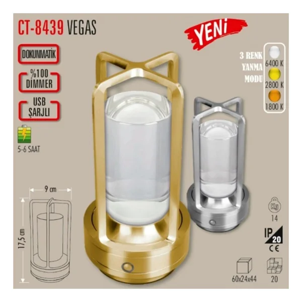 Cata Ct-8439 Vegas Şarjlı Silver Masa Lambası - Görsel 4
