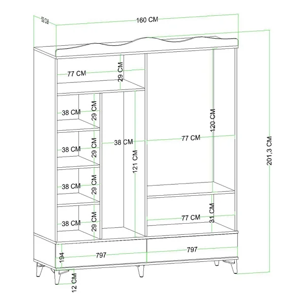 Evdemo Nova Aynalı 2 Çekmeceli 4 Kapaklı Gardırop - Görsel 4