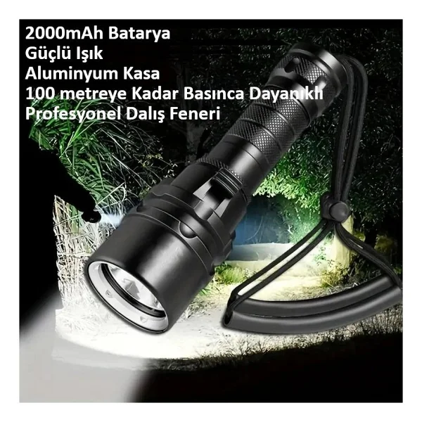 Valkyrie Şarjlı Profesyonel Su Altı Dalış Feneri 2000 mAh Yüksek Aydınlatma Su Geçirmez Aluminyum Kasa - Görsel 5