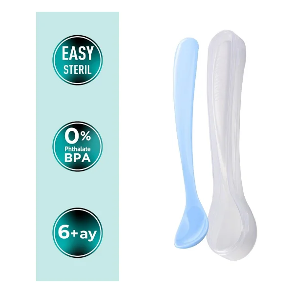 Mamajoo Ergonomik Beslenme Kaşık Seti Powder Blue & Beyaz, 6 Ay+ İkili - Saklama Kabı Hediyeli - Açık Mavi - Beyaz - Görsel 2