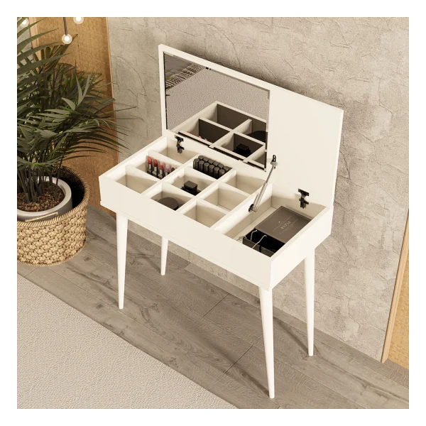 Mezza 2220 Flora Düşer Kapaklı Aynalı (Ahşap Ayaklı) 80 Cm Makyaj Masası Dresuar Çalışma Masası Beyaz - Görsel 7