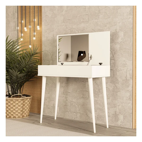Mezza 2220 Flora Düşer Kapaklı Aynalı (Ahşap Ayaklı) 80 Cm Makyaj Masası Dresuar Çalışma Masası Beyaz - Görsel 3