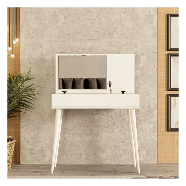 Mezza 2220 Flora Düşer Kapaklı Aynalı (Ahşap Ayaklı) 80 Cm Makyaj Masası Dresuar Çalışma Masası Beyaz - Görsel 4