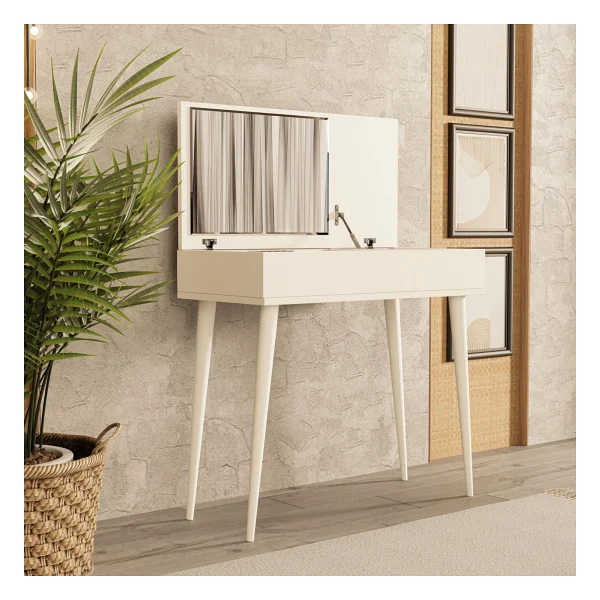 Mezza 2220 Flora Düşer Kapaklı Aynalı (Ahşap Ayaklı) 80 Cm Makyaj Masası Dresuar Çalışma Masası Beyaz - Görsel 5