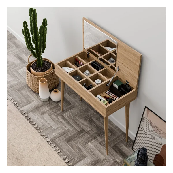 Mezza 2220 Flora Düşer Kapaklı Aynalı (Ahşap Ayaklı) 80 Cm Makyaj Masası Dresuar Çalışma Masası Beyaz - Görsel 8