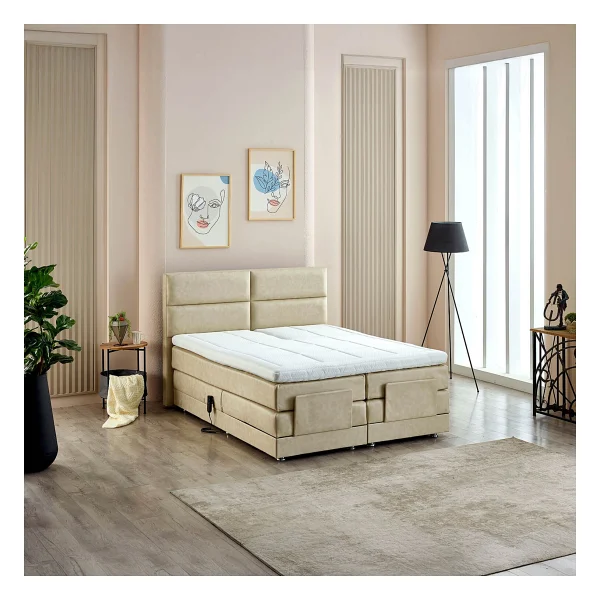 Unimet Nivo Elektrikli Motorlu Hareketli Kumandalı Çift Kişilik Baza+Başlık+Yatak Set - Bej - 160 X 200 Cm - Görsel 4