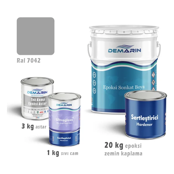 Demarin Epoksi Zemin Kaplama 20 Kg Set (3 Kg Astar +20 Kg Epoksi Zemin Kaplama +1kg Sıvı Cam) - Ral 7042 - Görsel 2