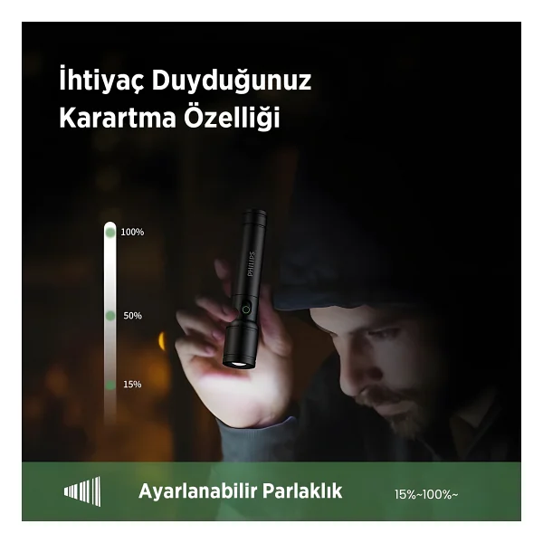 Philips Sfl2124 Teleskopik Zoom, 250 Lümen Max Işık Gücü, Sos Modu Ve Metal Gövdeli Şarj Edilebilir Uzun Menzilli 5w LED El Feneri - Siyah - Görsel 2