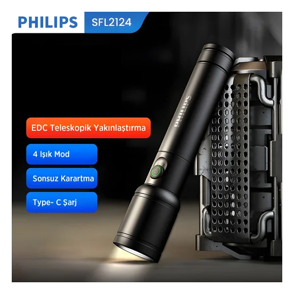 Philips Sfl2124 Teleskopik Zoom, 250 Lümen Max Işık Gücü, Sos Modu Ve Metal Gövdeli Şarj Edilebilir Uzun Menzilli 5w LED El Feneri - Siyah - Görsel 4