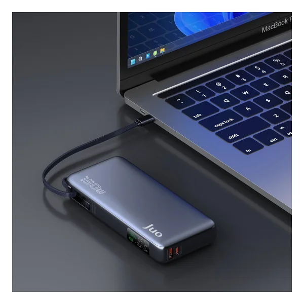 Juo 20000 mAh 130w LED Ekranlı USB-A + Type-C Kablolu Powerbank Taşınabilir Hızlı Şarj Cihazı - Siyah - Görsel 4