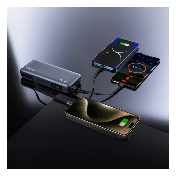 Juo 20000 mAh 130w LED Ekranlı USB-A + Type-C Kablolu Powerbank Taşınabilir Hızlı Şarj Cihazı - Siyah - Görsel 6