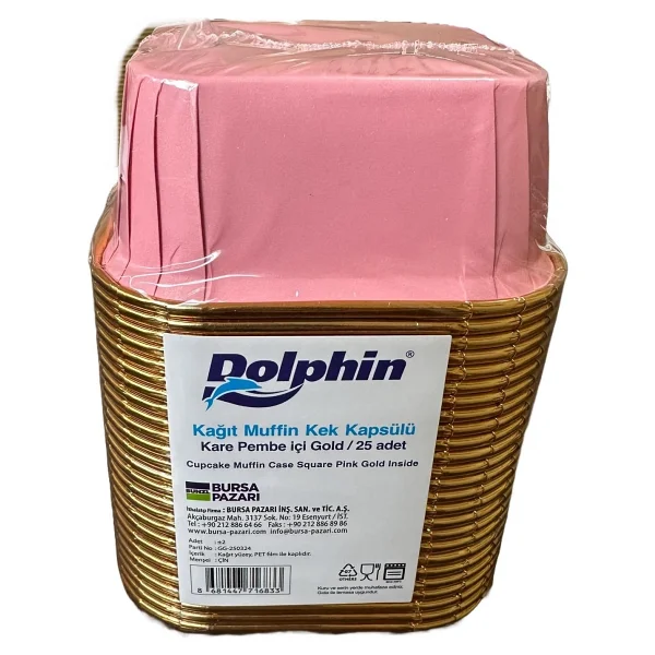 Dolphin Muffin Kare Kağıt Pembe Altın Cupcake Kek Kalıbı Kapsülü Kabı - 25 Adetlik 10 Paket - Görsel 2