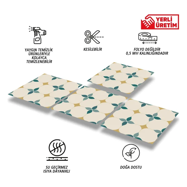 Tink Kendinden Yapışkanlı Zümrüt Çiçekli Desenli Pvc Karo 30x30 Cm - (11 Adet) 1m2 - Görsel 2