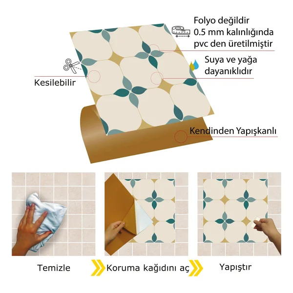 Tink Kendinden Yapışkanlı Zümrüt Çiçekli Desenli Pvc Karo 30x30 Cm - (11 Adet) 1m2 - Görsel 3