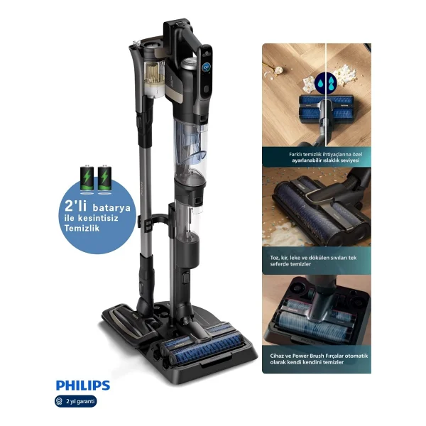 Philips 90dk Temizlik Çift Batarya Kablosuz Islak-Kuru Elektrikli Süpürge 9000 Serisi, Elektrikli Süpürge Ve Islak Mop, Kendi Kendini Temizleme Istasyonlu Dik Süpürge-Yedek Fırça Hediyeli - Antrasit - Görsel 8