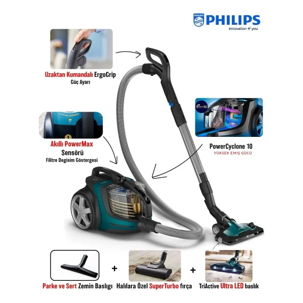 Philips Marathon Otomatik Açılma/Kapanma Özellikli Powercyclone 10 Yüksek Emiş Gücü Triactive+LED, Başlıklı Premium Toztorbasız Süpürge +Philips Turbo Fırça +Yedek Filitre - Yeşil - Görsel 9