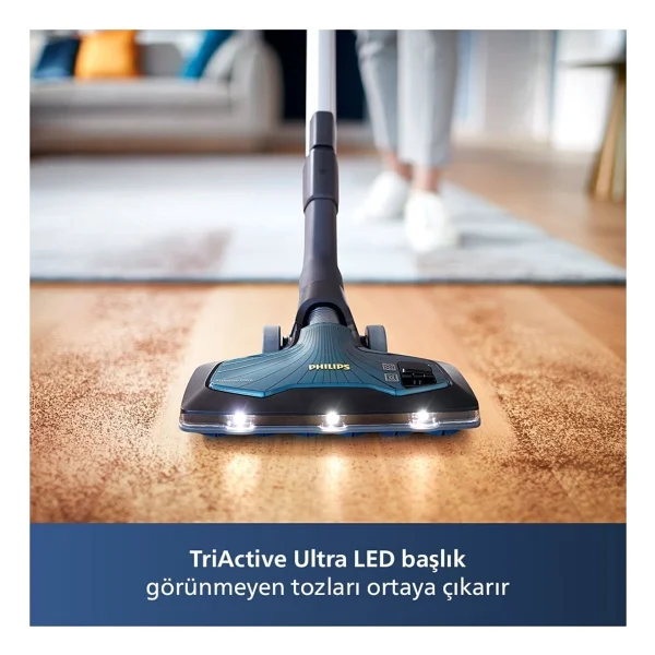Philips Marathon Otomatik Açılma/Kapanma Özellikli Powercyclone 10 Yüksek Emiş Gücü Triactive+LED, Başlıklı Premium Toztorbasız Süpürge +Philips Turbo Fırça +Yedek Filitre - Yeşil - Görsel 2