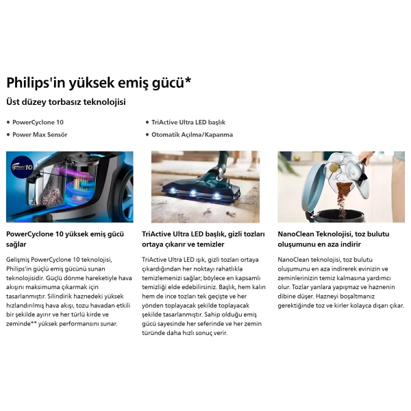 Philips Marathon Otomatik Açılma/Kapanma Özellikli Powercyclone 10 Yüksek Emiş Gücü Triactive+LED, Başlıklı Premium Toztorbasız Süpürge +Philips Turbo Fırça +Yedek Filitre - Yeşil - Görsel 5