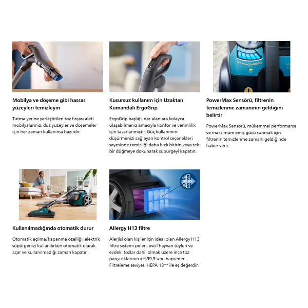 Philips Marathon Otomatik Açılma/Kapanma Özellikli Powercyclone 10 Yüksek Emiş Gücü Triactive+LED, Başlıklı Premium Toztorbasız Süpürge +Philips Turbo Fırça +Yedek Filitre - Yeşil - Görsel 6