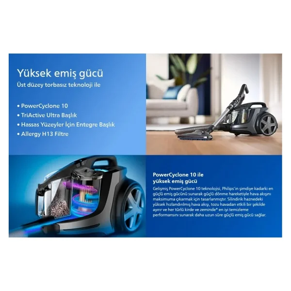 Philips Kumandalı Üst Düzey Torbasız Teknoloji Xb9145 Marathon Ultimate Toz Torbasız Süpürge+ Halı Döver Turbo Başlık + Islak Kuru Traş Makinesi Hediyeli - Antrasit - Görsel 2