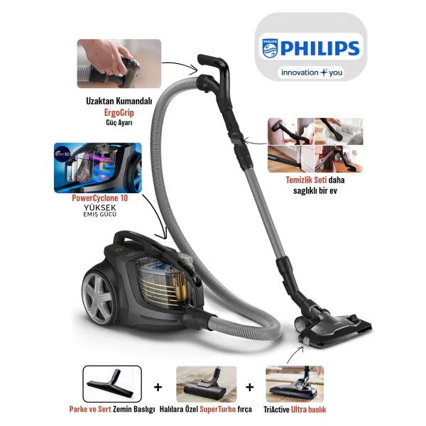 Philips Kumandalı Üst Düzey Torbasız Teknoloji Xb9145 Marathon Ultimate Toz Torbasız Süpürge+ Halı Döver Turbo Başlık + Islak Kuru Traş Makinesi Hediyeli - Antrasit - Görsel 10