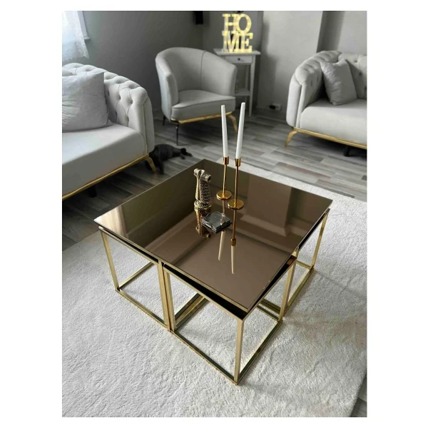 Home Plus Mobilya 4+1 Gold Kaplama Bronz Ayna Orta Sehpa - Görsel 4