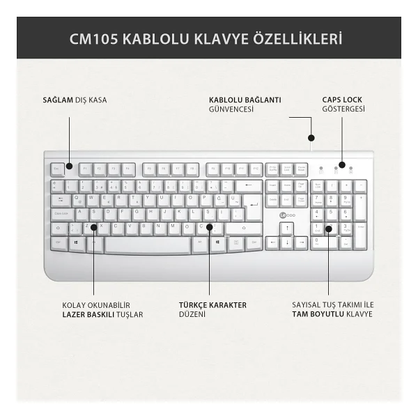 Lenovo Lecoo Cm105 Beyaz Kablolu Klavye Mouse Seti - Görsel 6